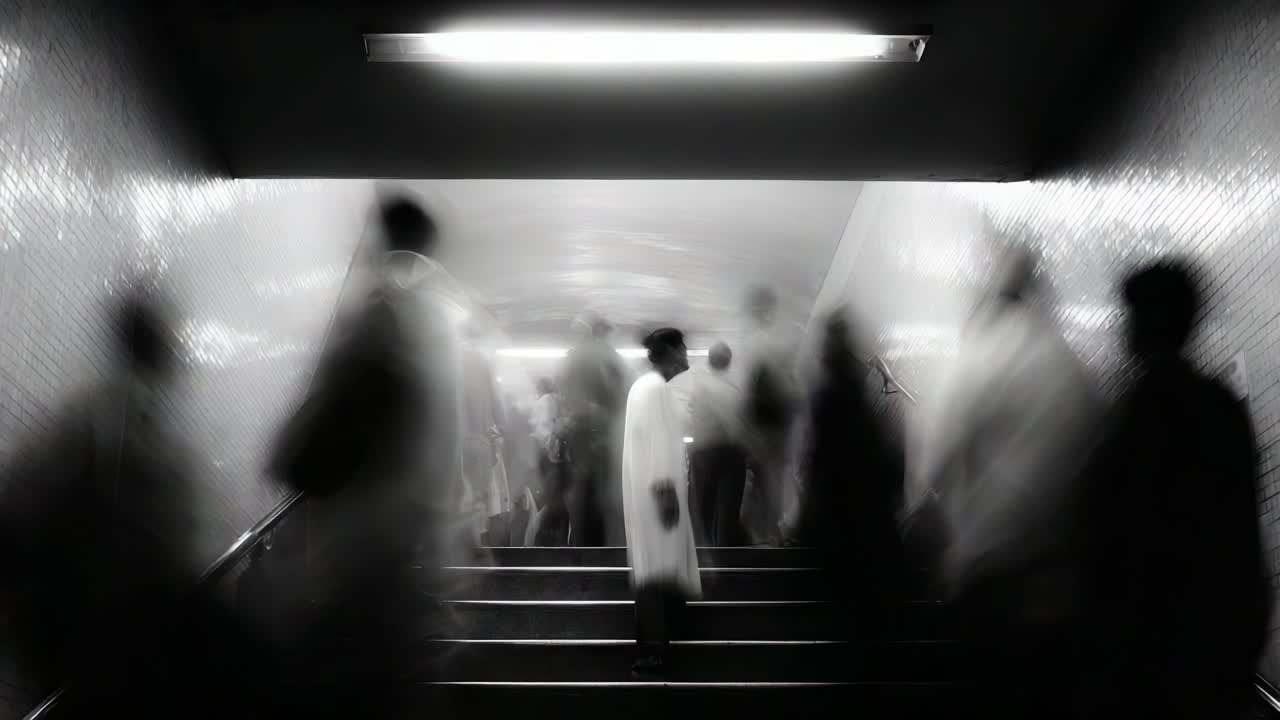 A solitary figure stands at the bottom of a staircase in a blurry, bustling subway environment, emphasizing the contrast between stillness and movement in an urban setting