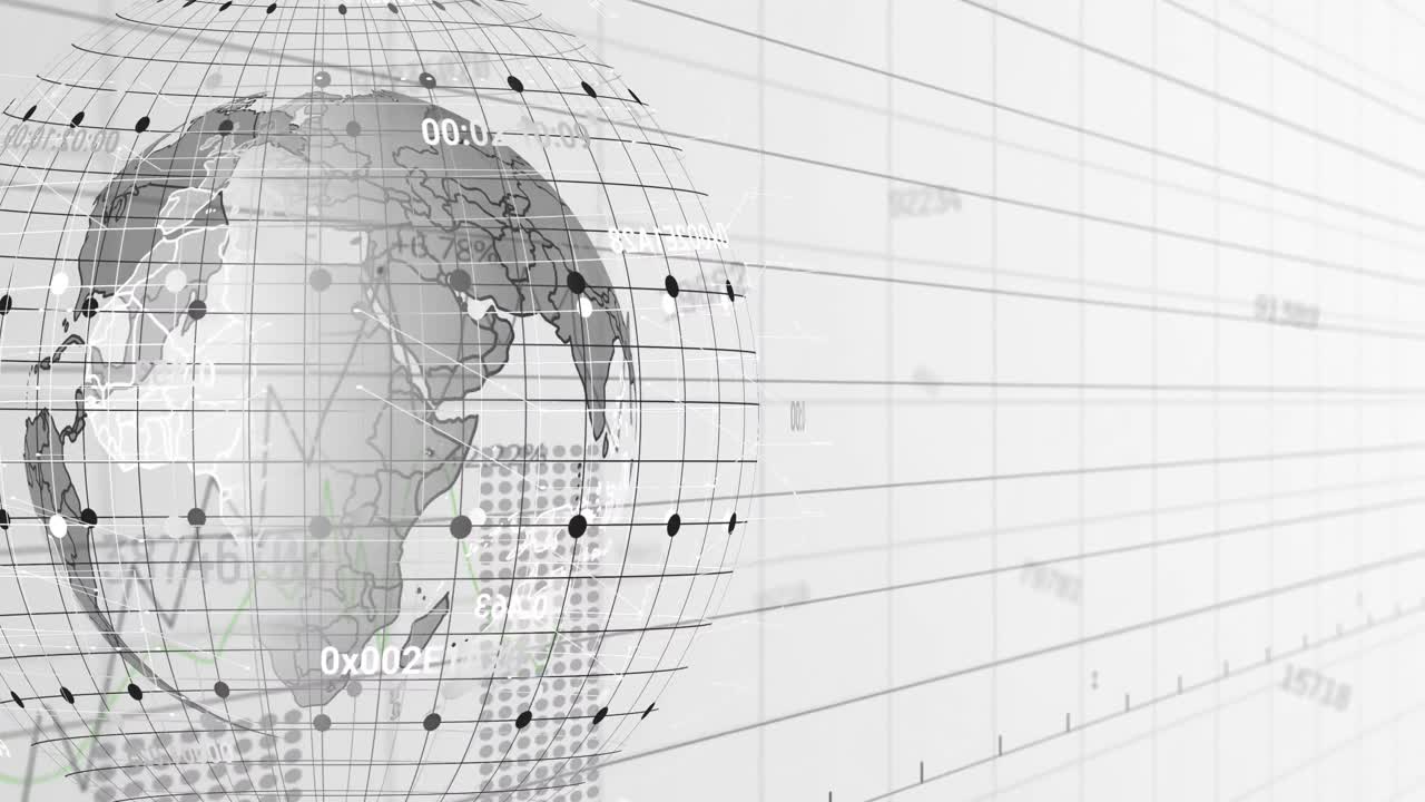 Animation of changing numbers and spinning globe over grid network against white background