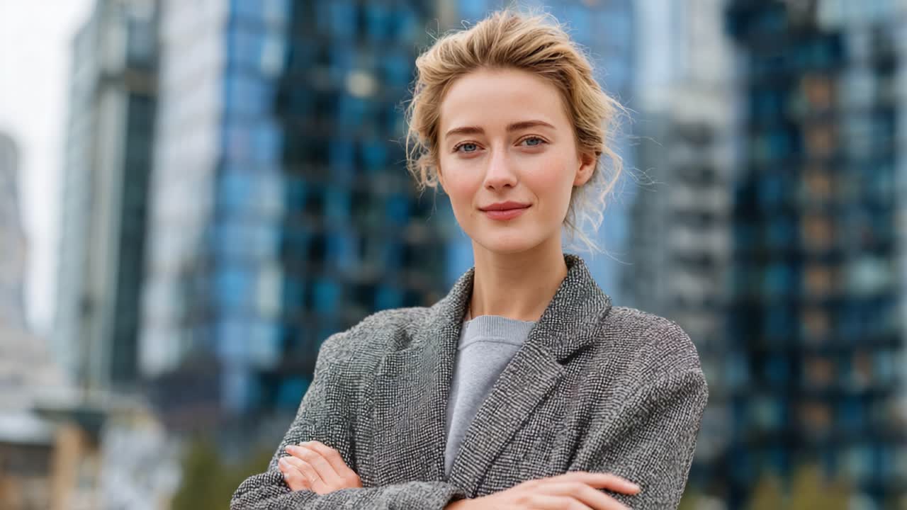 Giovane donna sicura di sé che posa all'aperto con sfondo urbano, che irradia equilibrio ed eleganza nella moda moderna