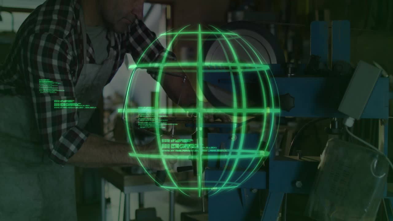 Metalworking machinist tightening tool calibrating machine, green hologram sphere animating panels