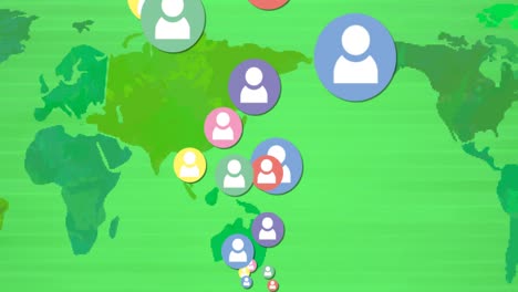 animation of social media people icons flying over world map