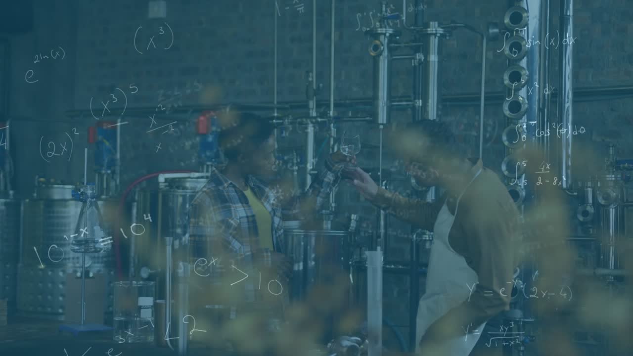 Animation of math formulas over diverse factory workers