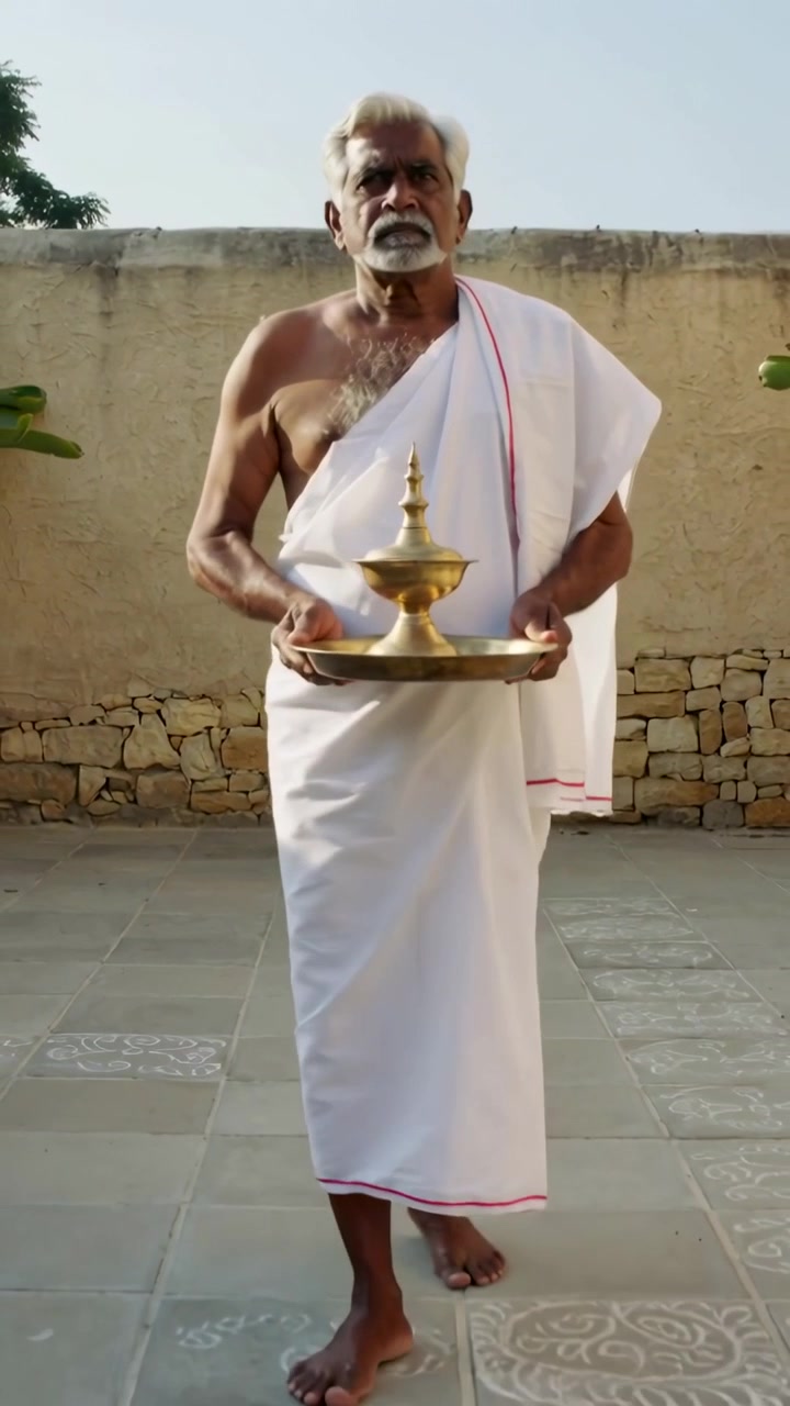 Video dọc: Người đàn ông lớn tuổi mặc dhoti trắng đang đi bộ qua sân lát gạch, cầm đèn dầu bằng đồng thau trên khay