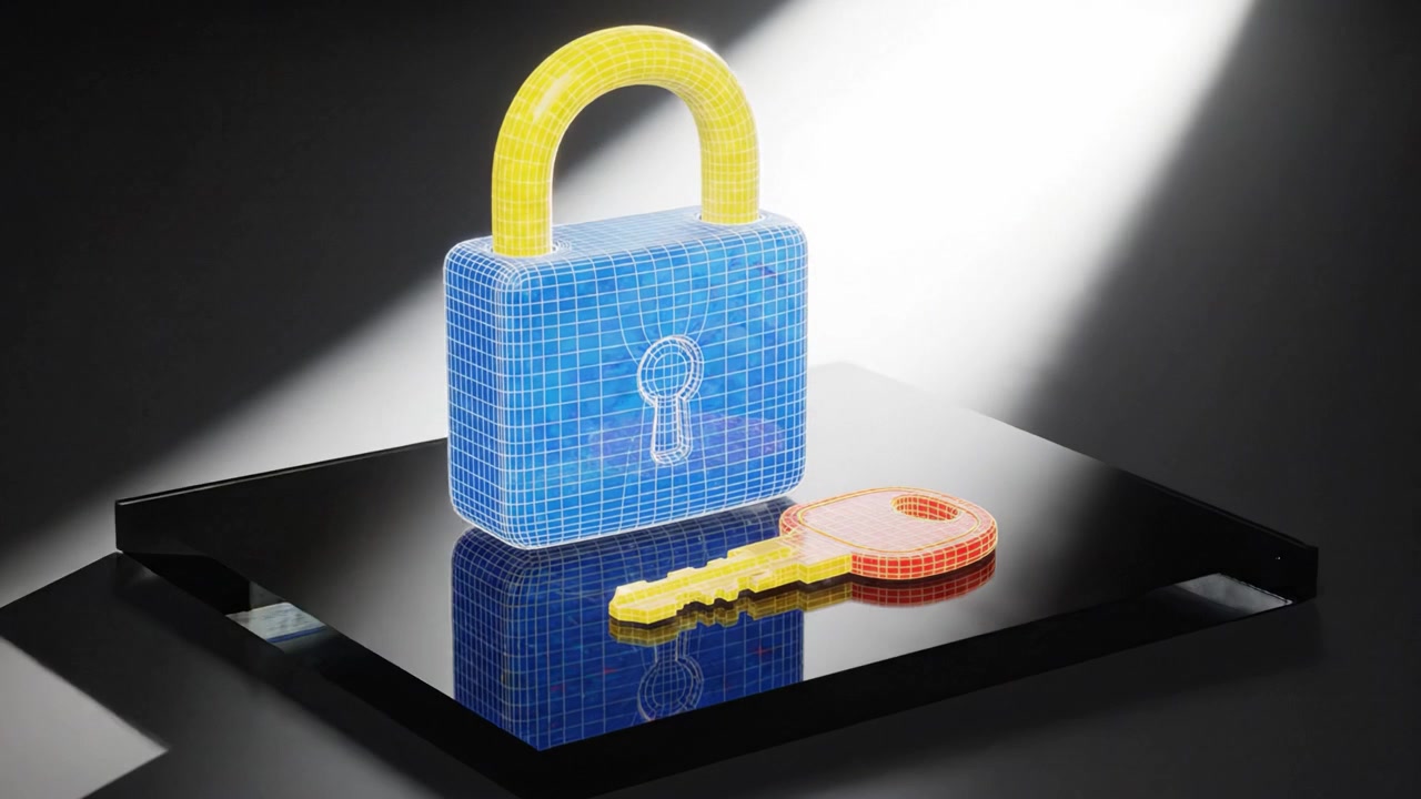 A digital representation of a blue padlock and a key, showcasing intricate wireframe designs that highlight security and access in a creative, artistic manner.