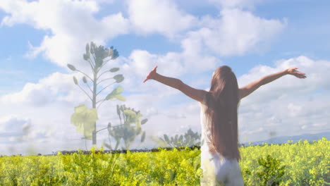 animation of meadow over caucasian woman with arms outstretched