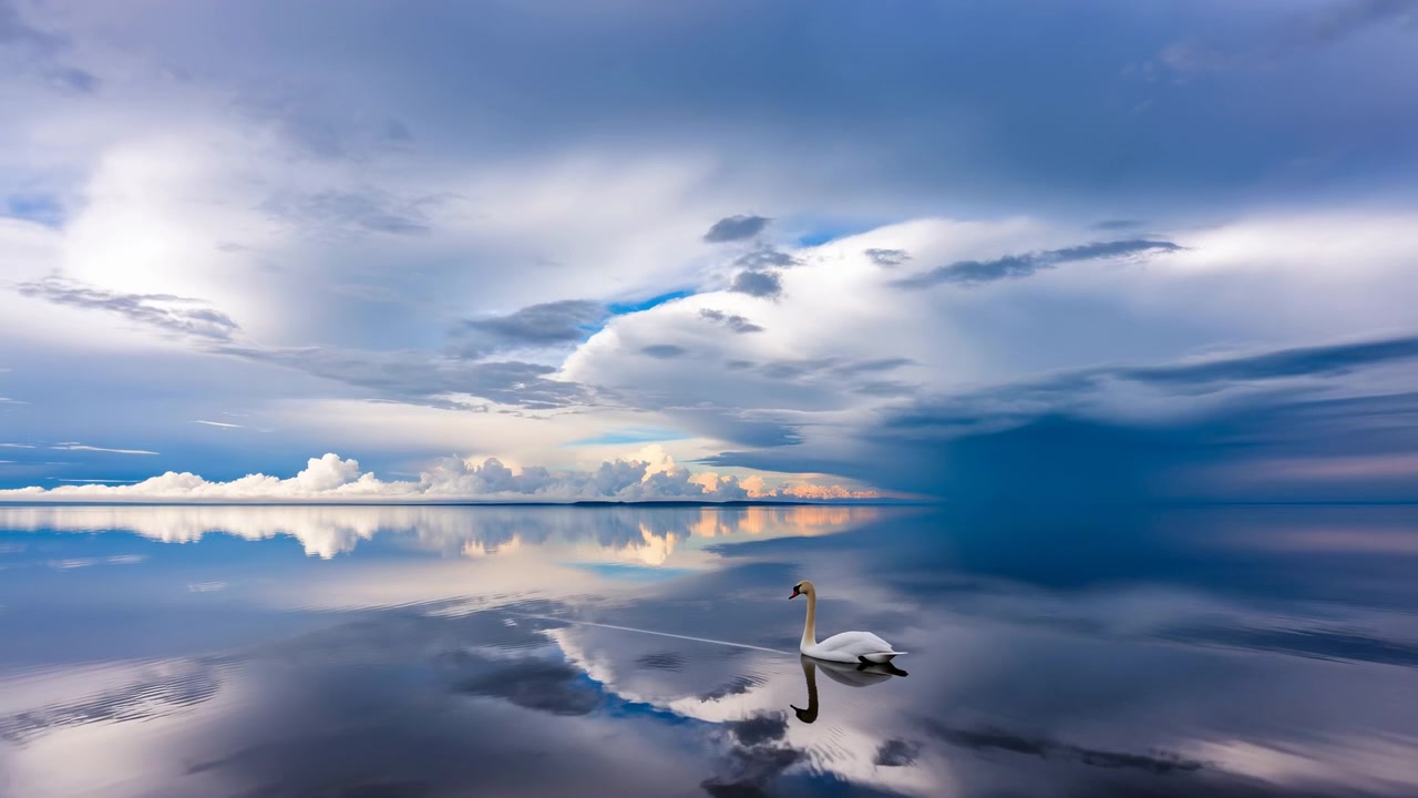 Cigno bianco che scivola a sinistra su acqua calma e specchiata, lasciando una stretta scia a V, con un riflesso nitido, un cielo nuvoloso stratificato sopra, luce soffusa e diffusa, e una pacifica scena naturale aperta.