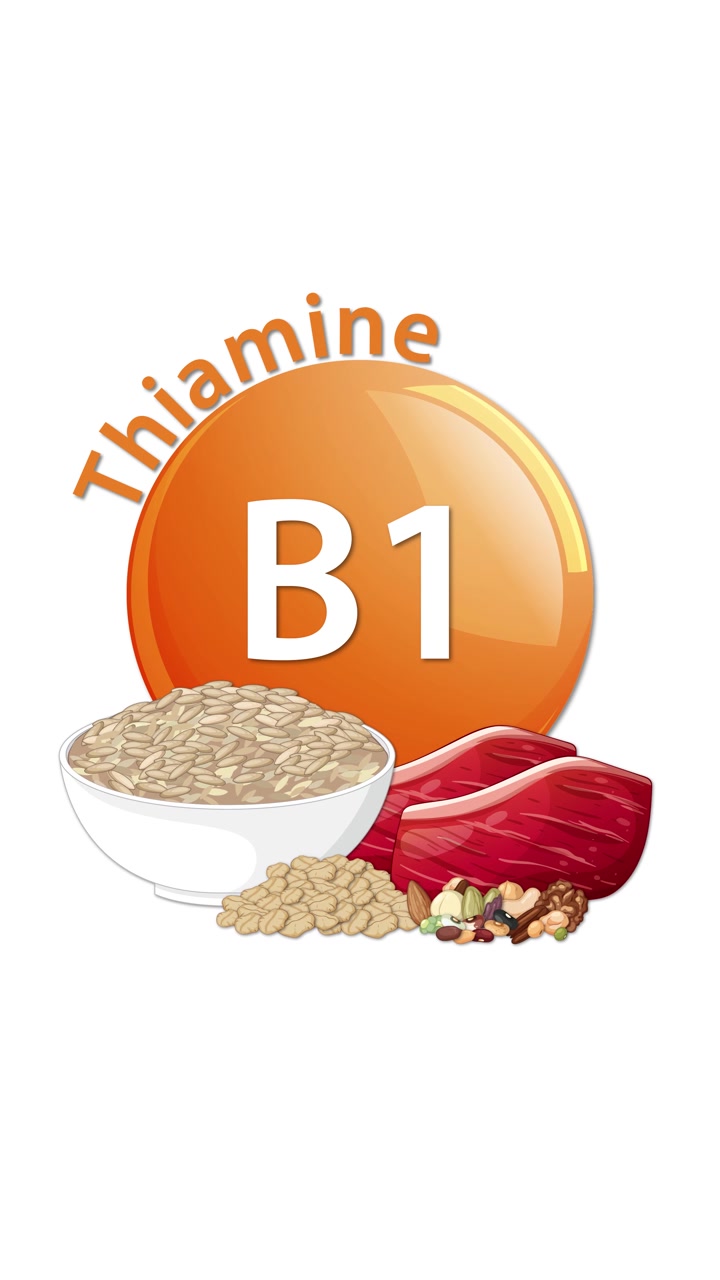 Animated sequence reveals a Vitamin B1 (Thiamine) icon with text, gradually adding illustrated food sources like grains, meat, and nuts on a clean white background