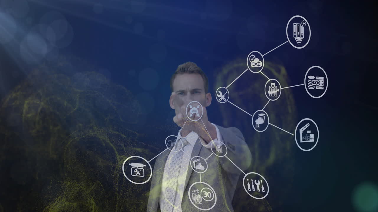 Male professional touching cloud sync interface in technology workspace, showing analytics charts