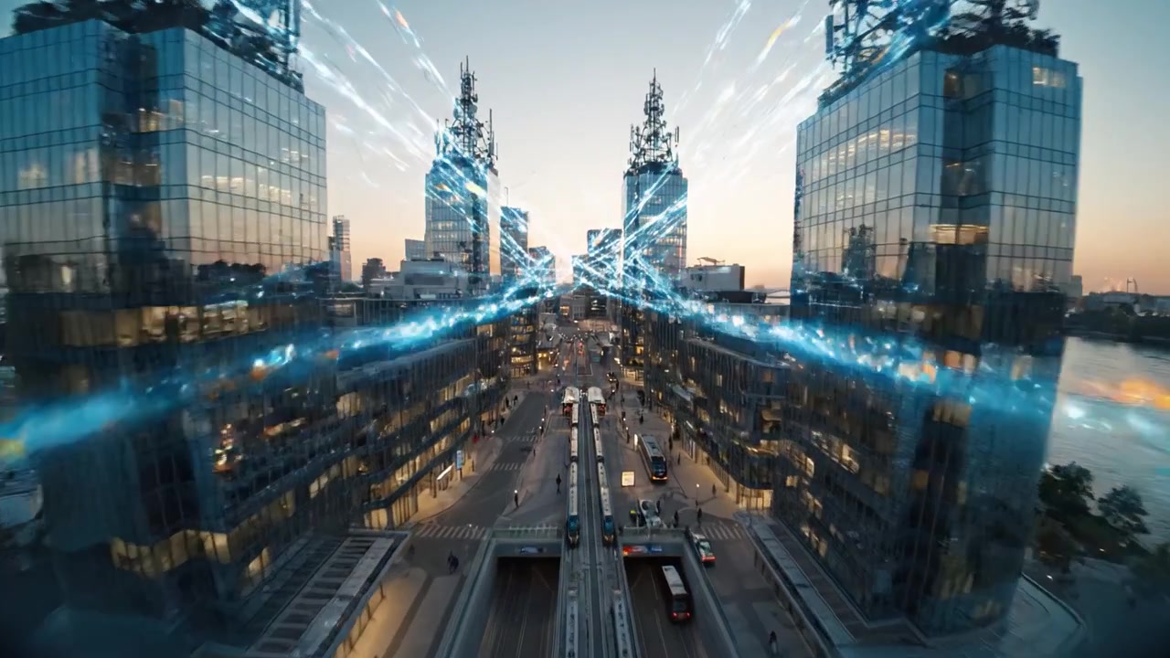 Deslumbrante horizonte urbano ao anoitecer, exibindo arquitetura moderna e reflexos, com pessoas envolvidas na atmosfera vibrante de uma cidade movimentada e cheia de atividade.