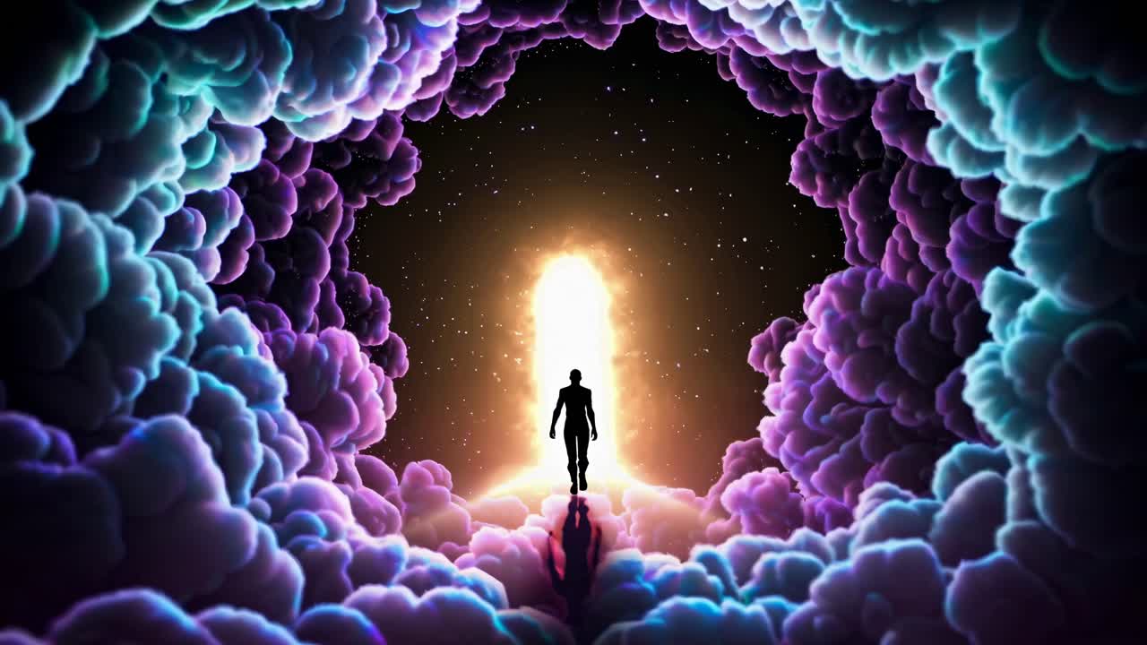 A Person Walking Through a Portal of Light in a Colorful Cloud Landscape