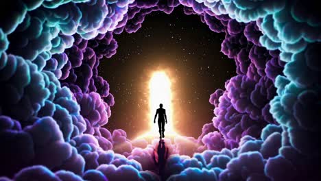 a person walking through a portal of light in a colorful cloud landscape