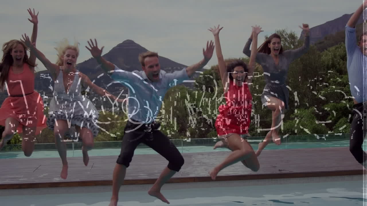 Jumping by pool, group of people with animation graphics overlay, having fun