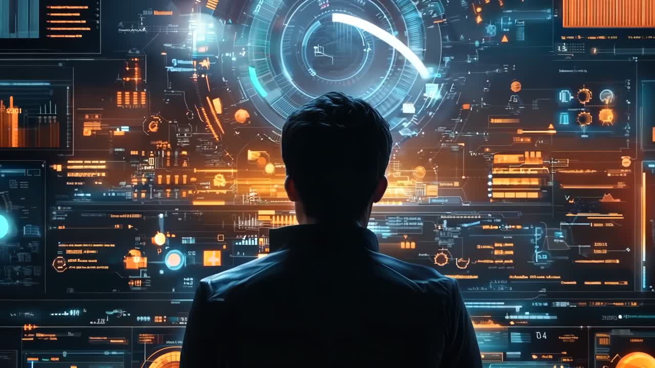 グラフと図の大きなスクリーンの前に立っている男