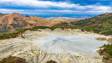 Birds-Eye-View-Timelapse-Over-The-Mud-Volcanoes-In-Berca,-Romania