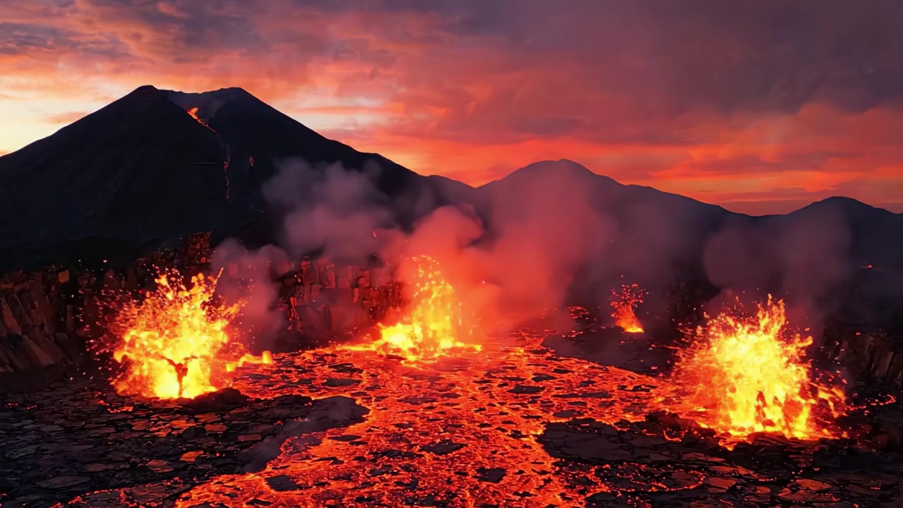 Spettacolare Eruzione di un Vulcano al Tramonto che Cattura Flussi di Lava Incandescenti e Fumo che si Innalza Contro uno Splendido Sfondo Montano