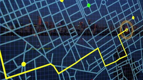 Navigation-map-line-scheme-against-view-of-cityscape-at-night-in-background