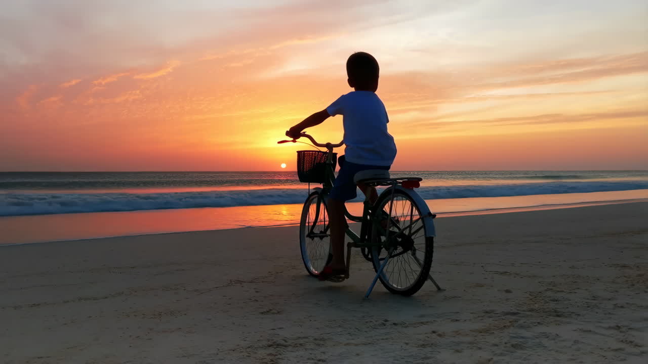 Child on a bicycle at sunset beach