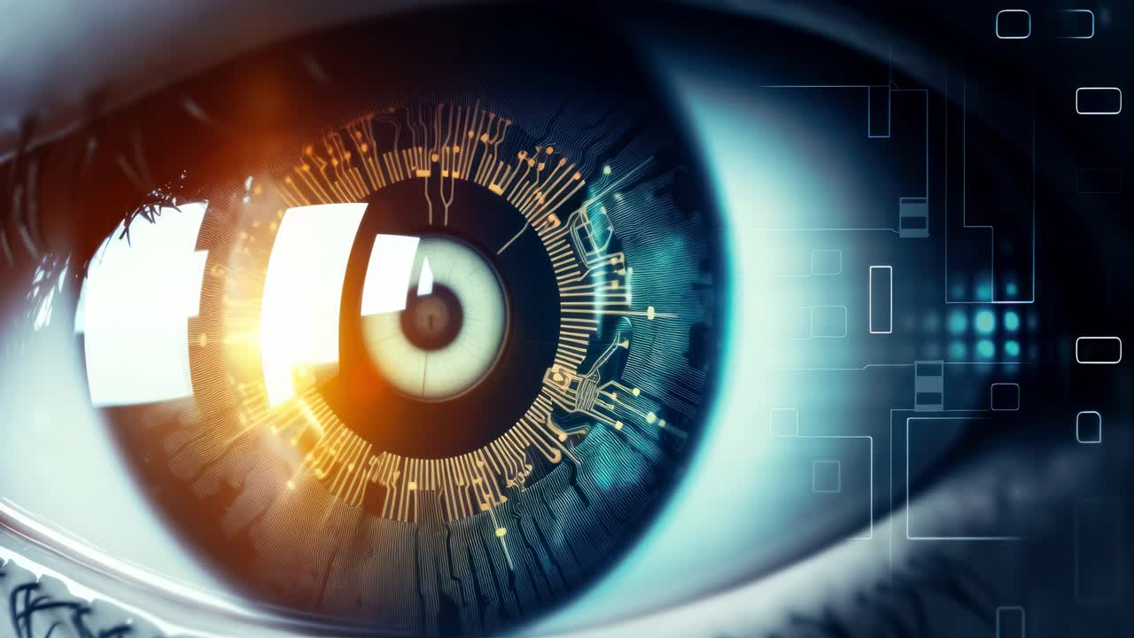 Close-up of a digital eye with circuit patterns, symbolizing technology and innovation