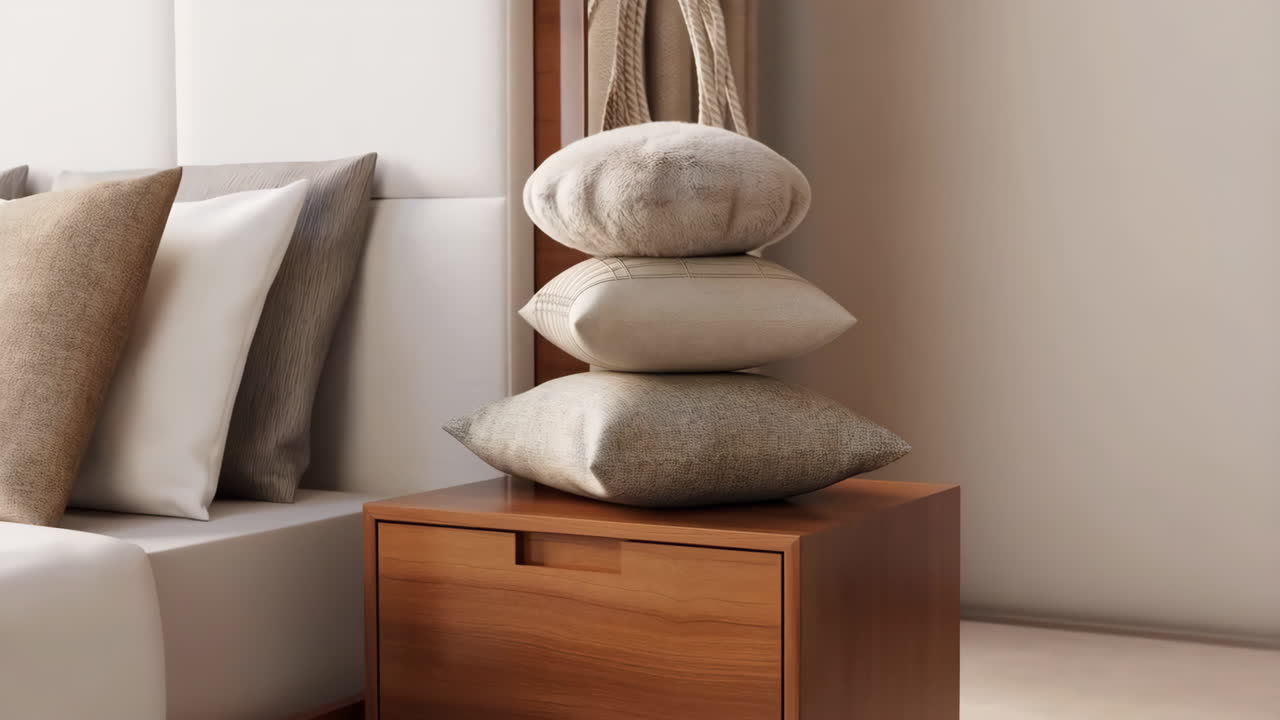 A stack of three decorative pillows on a wooden nightstand next to a bed