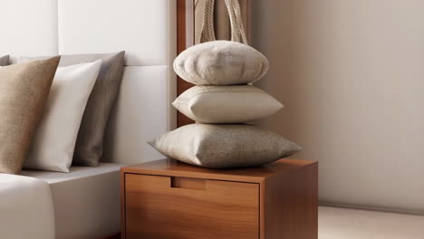 a stack of three decorative pillows on a wooden nightstand next to a bed