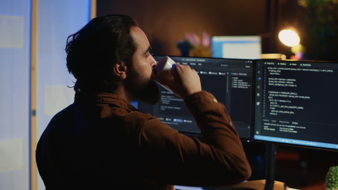 Computer scientist at home office desk writing binary code and drinking coffee