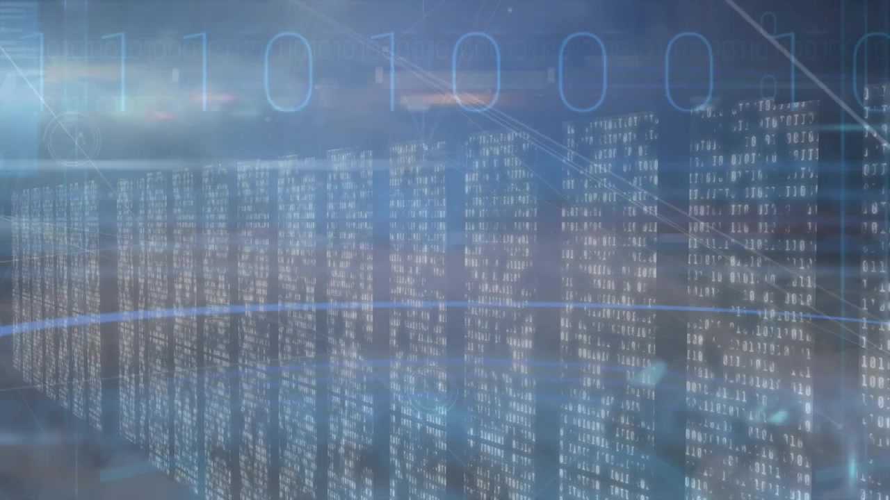 Animation of network of connections over screens with mosaic squares against clouds in blue sky