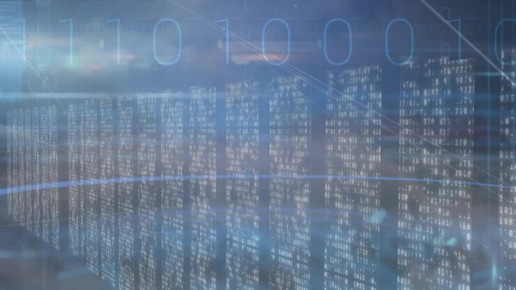 Animation of network of connections over screens with mosaic squares against clouds in blue sky