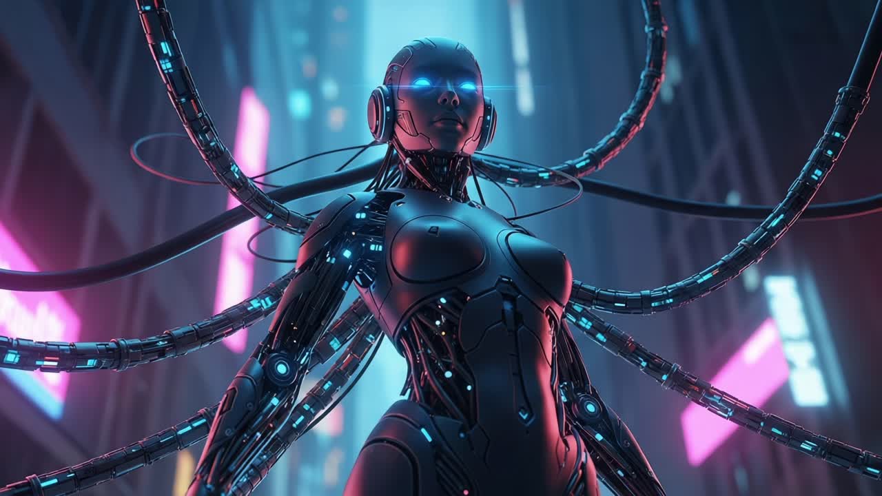 A futuristic cybernetic entity with glowing neon elements and intricate mechanical tendrils stands poised in a vibrant urban environment, radiating an aura of advanced technology
