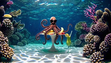 funny octopus with fruit platter in underwater coral reef scene