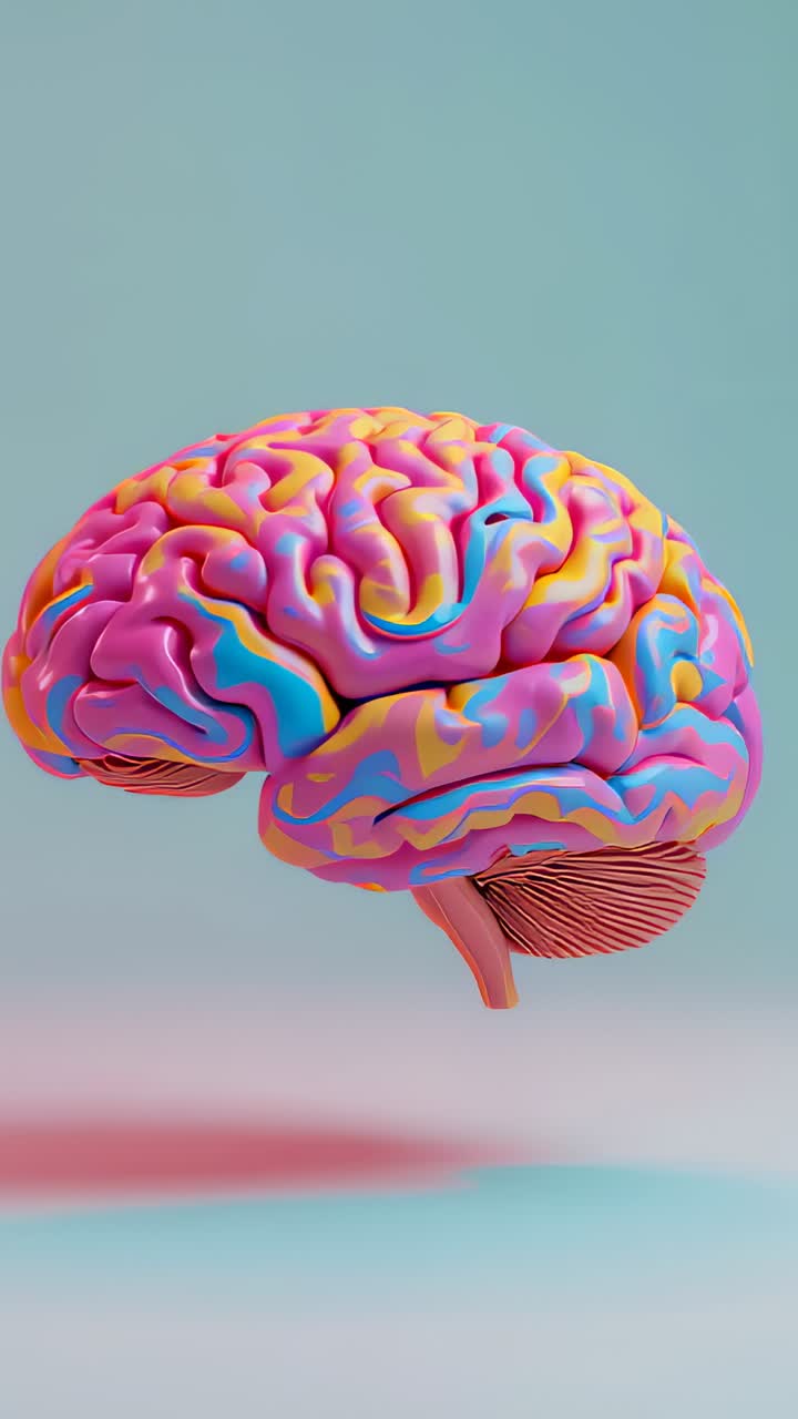 Vertical video: Emerging and rotating 3D brain with pink yellow blue swirl patterns in teal studio