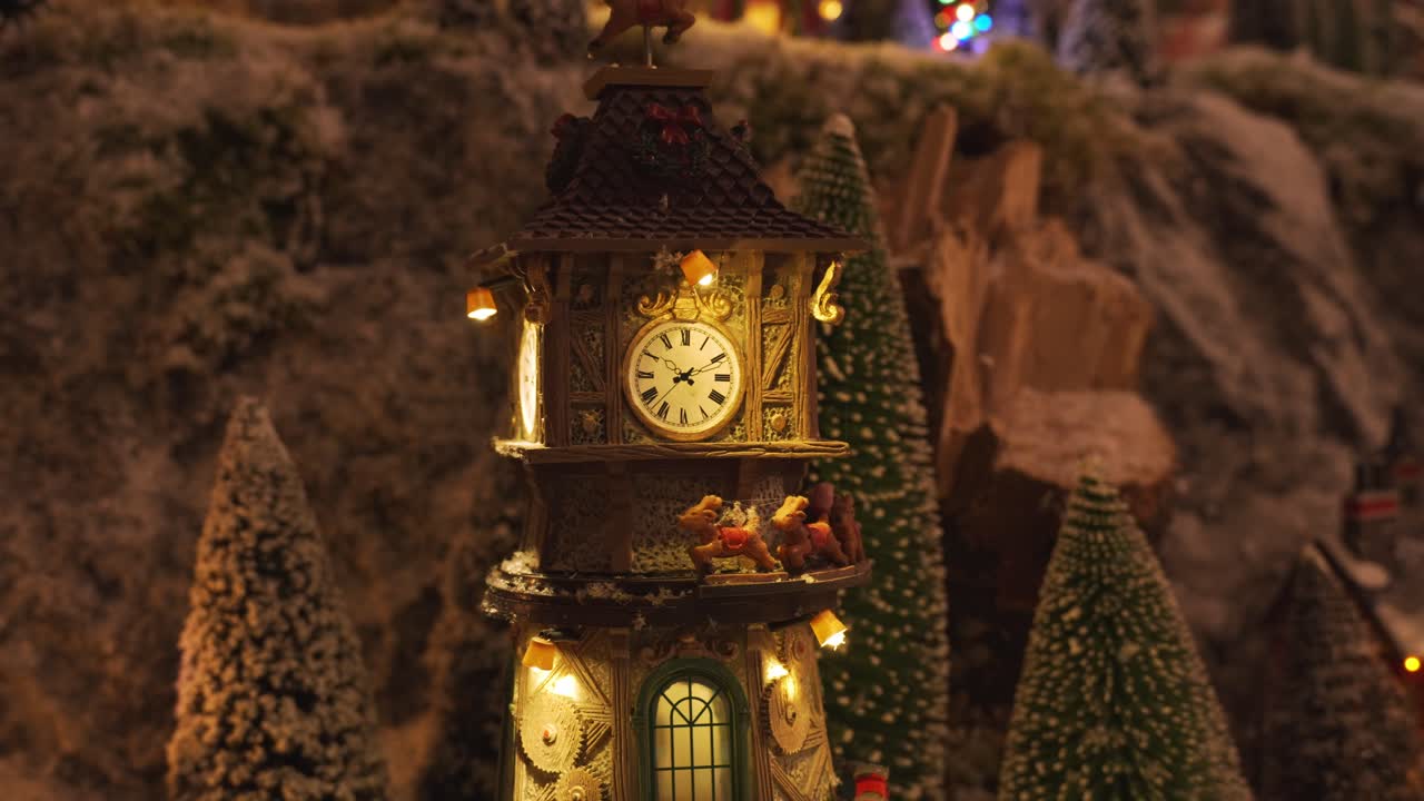 Warm holiday vibes filled with sparkling lights and magical winter mood in Small Town tower in Slow Motion