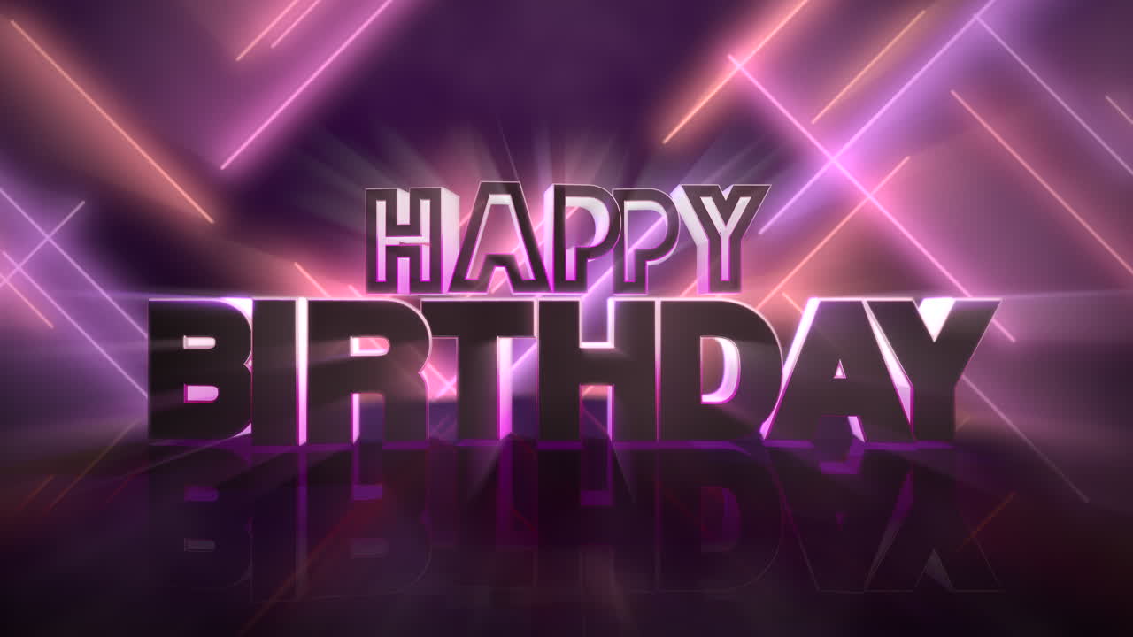 feliz cumpleaños con líneas de arco iris de neón en el escenario