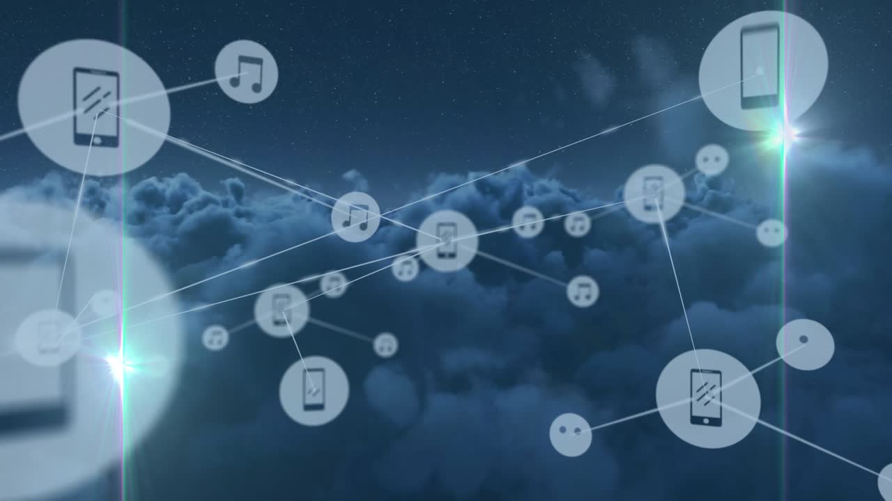 Animation of network of connections and icons over cloudy sky