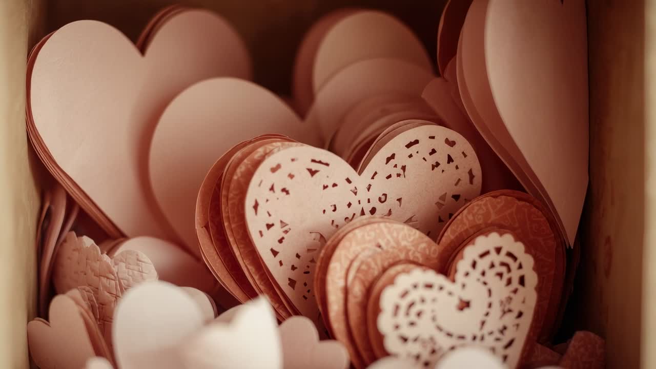 Pushing camera bringing layered paper hearts into sharp focus in craft box, revealing doily heart