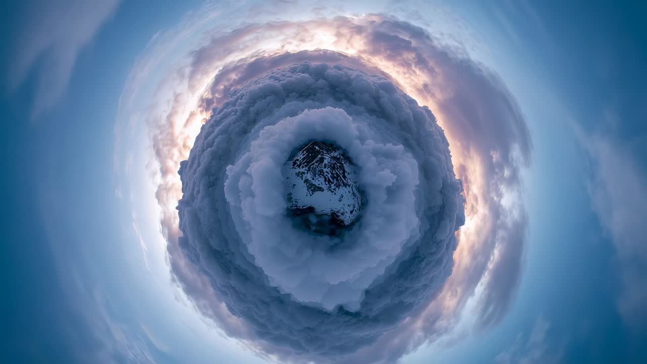 Sunrise glow nudging cloud ring rotating around snow-covered mountain in tiny-planet view