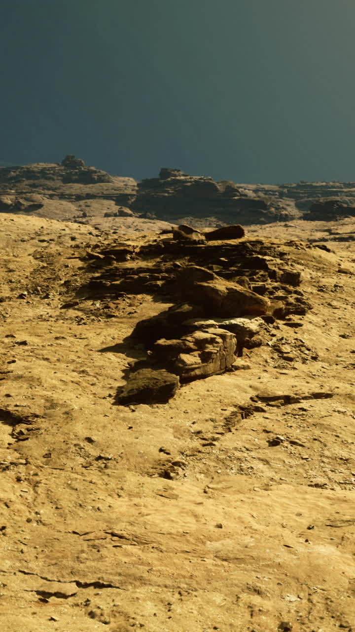 Exploring the golden terrain of a distant planet under a deep sky