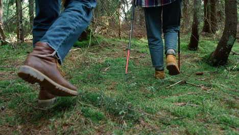 hombre y mujer con botas de senderismo caminando por el bosque. excursionistas caminando por el bosque