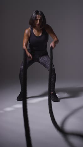 fotografía de estudio de video vertical de una mujer madura con ropa de gimnasia haciendo ejercicio de cardio con cuerdas de batalla