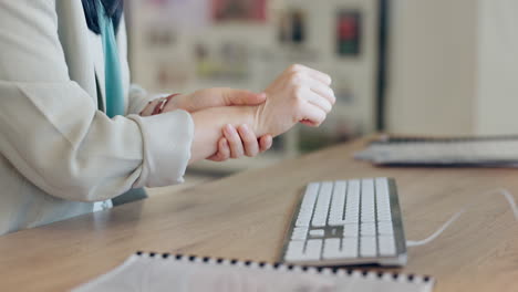 arthritis, pain in hand and woman typing