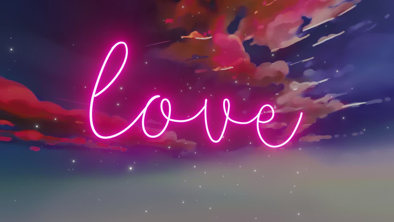 3D glowing neon animation of the text &amp;quot;love&amp;quot; with beautiful stars and pink clouds
