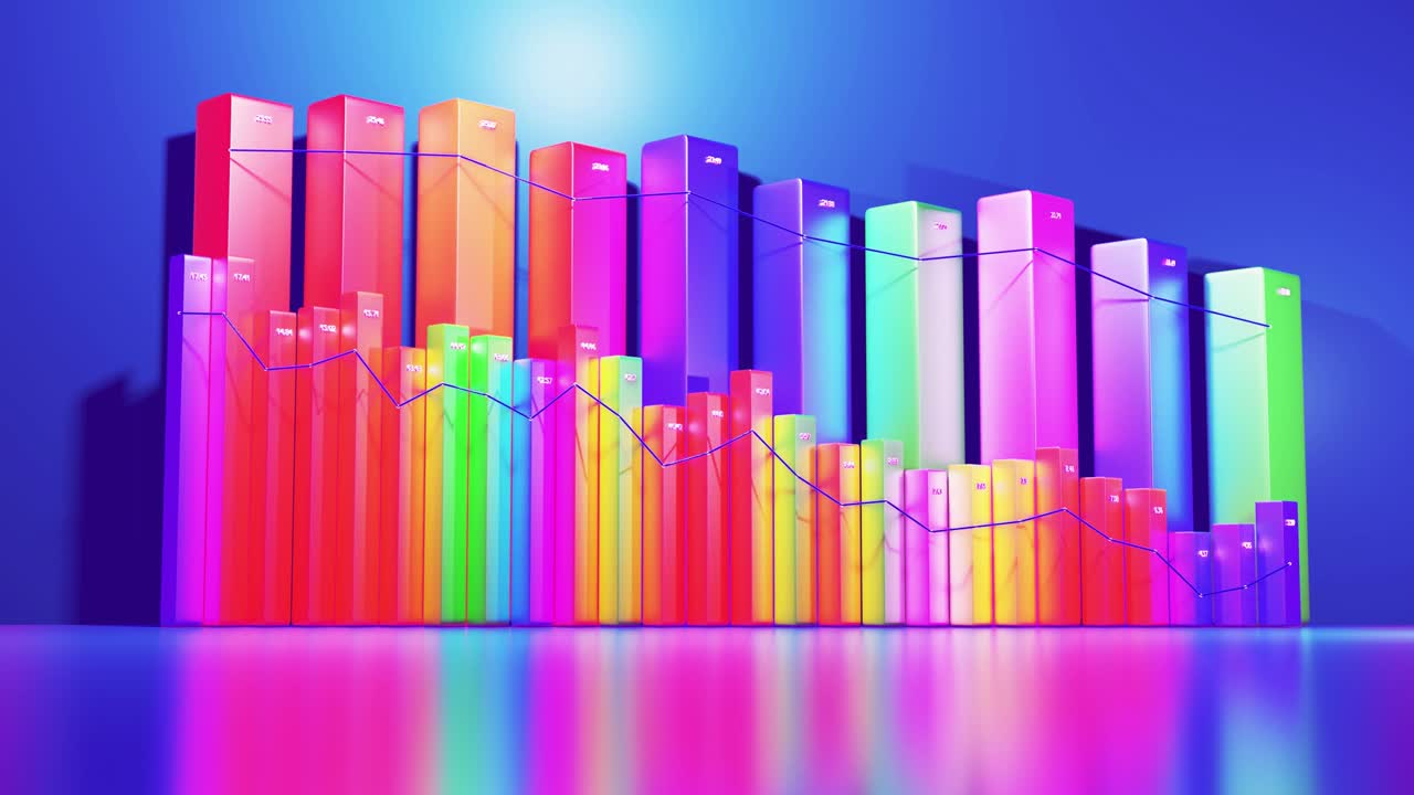 абстрактный цикличный инфографический фон с многоцветными 3d-полосками на синем bg. понижение графика из столбцов. экономический фон с пространством для копирования в 4k. 3d-лоски в качестве диаграммы статистических данных.