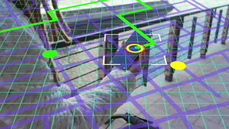 animación del mapa de la ciudad sobre un hombre biracial montando en bicicleta y usando un teléfono inteligente