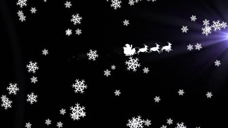 Animation-of-santa-claus-in-sleigh-with-reindeer-moving-over-snow-falling-on-blue-background