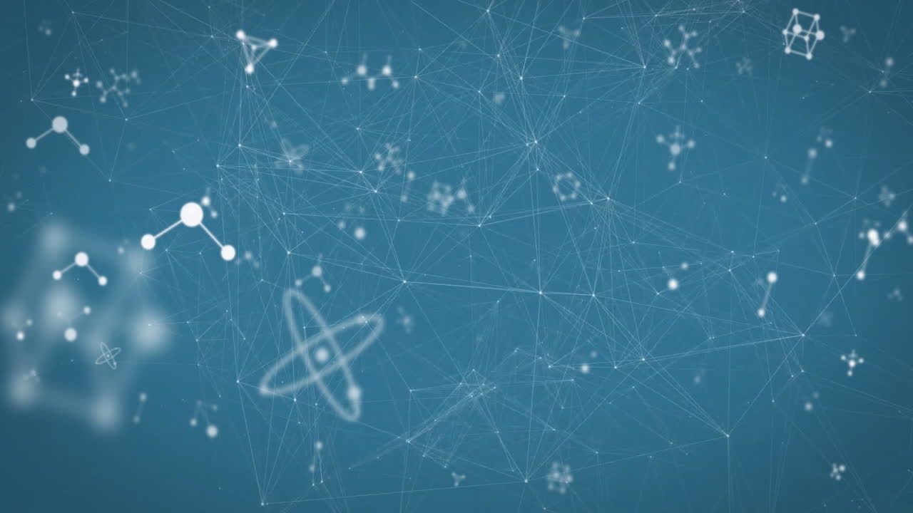 Animation of molecules over network of connections on blue background
