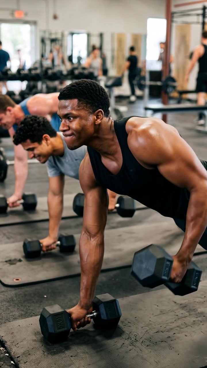 Três homens em tapetes de treino individuais em uma academia interna moderna, realizando remada unilateral com halteres, com expressões concentradas, postura forte e esforço visível na parte superior do corpo.