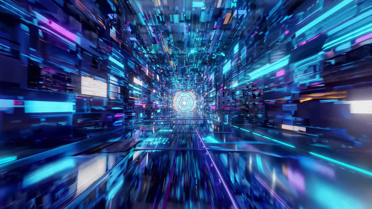 Flying Through Abstract Digital Tunnel with Glowing Neon Lights