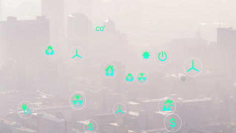 animation of network of eco icons over cityscape