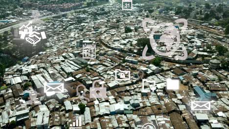 Birdseye-aerial-view-of-Kibera-slum,-tedchnology-concept-of-shanty-poor-neighborhood-of-Nairobi,-Kenya