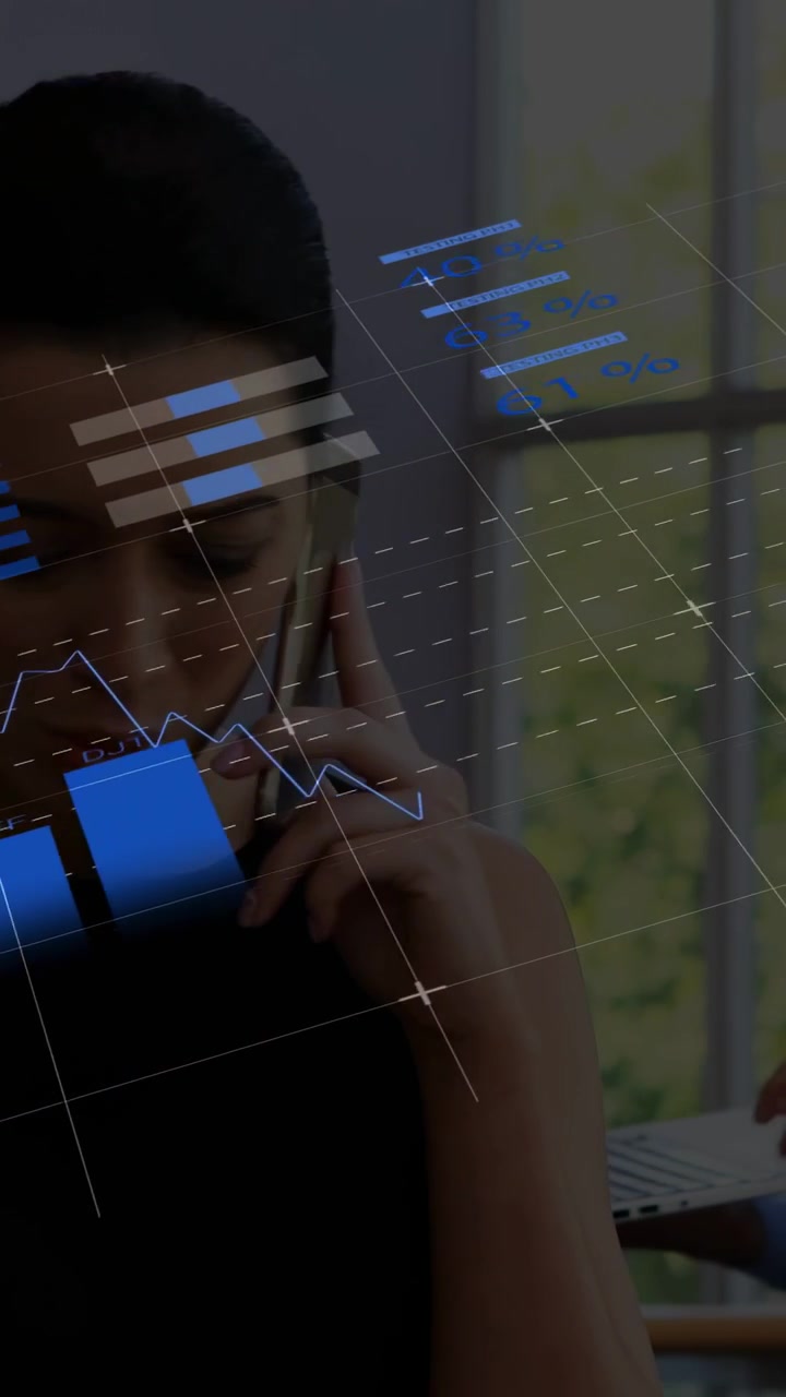 Vertical video: Woman holding phone speaking as call triggers finance charts shifting for report