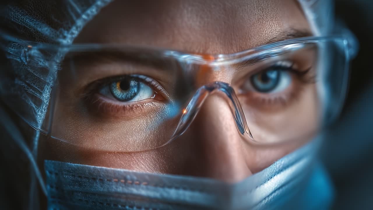 Un Professionista Medico Concentrato: Primo piano degli occhi e dell'equipaggiamento protettivo che cattura l'impegno e la vigilanza degli operatori sanitari in tempi difficili.